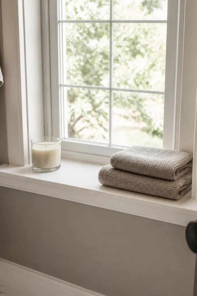 Painted window sill with a small wood ledge and tidy decor