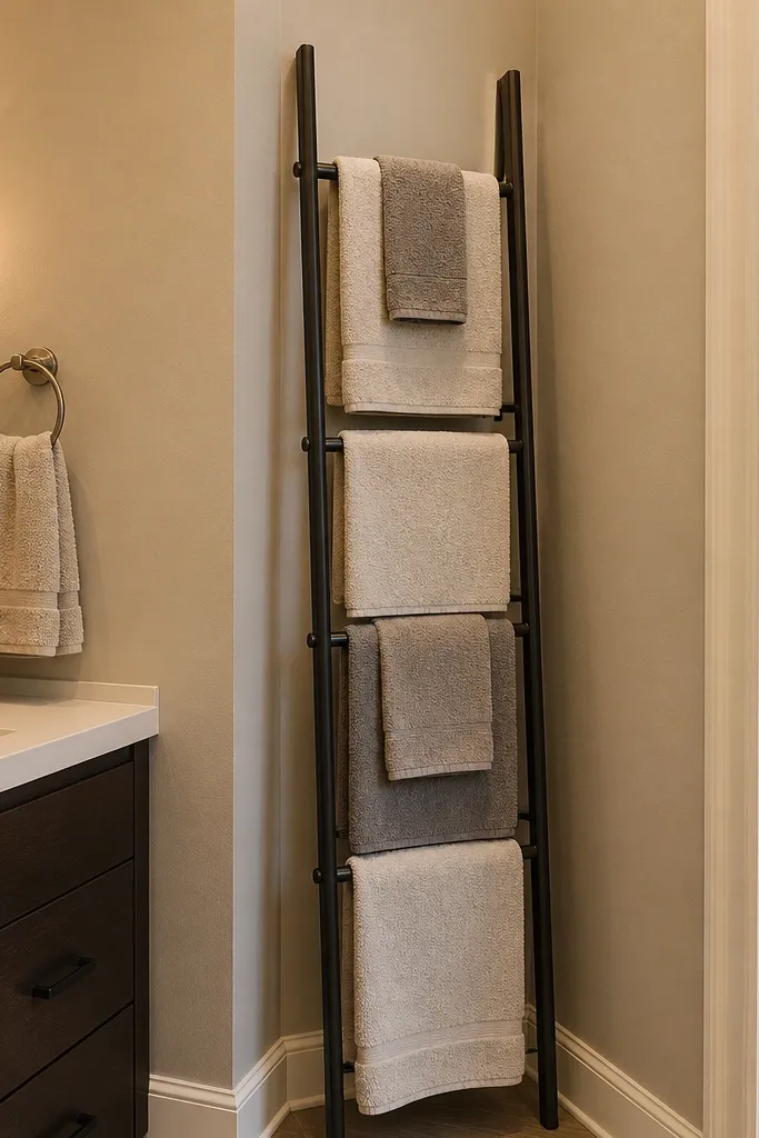 Painted towel ladder leaning in a small bathroom with folded towels