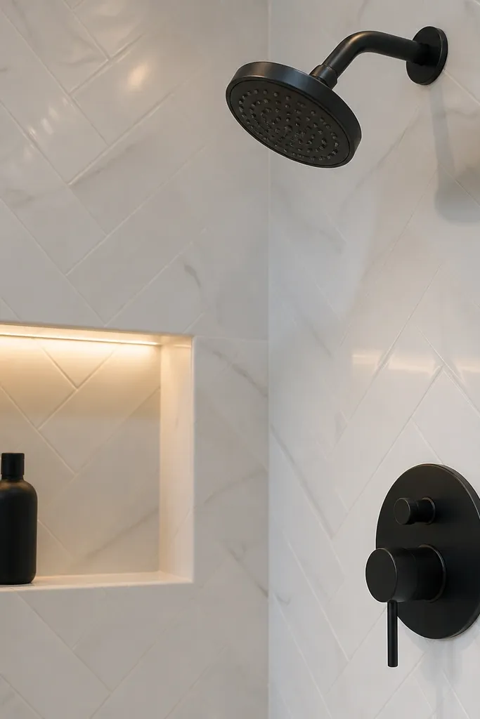 Matte black showerhead and trim on a small shower with clean lines