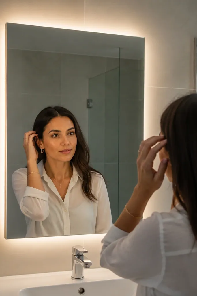 Soft glow behind a mirror with a clean, bright halo effect