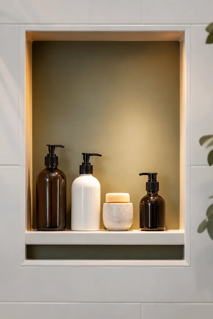 Clean shower niche with painted back and neatly organized bottles
