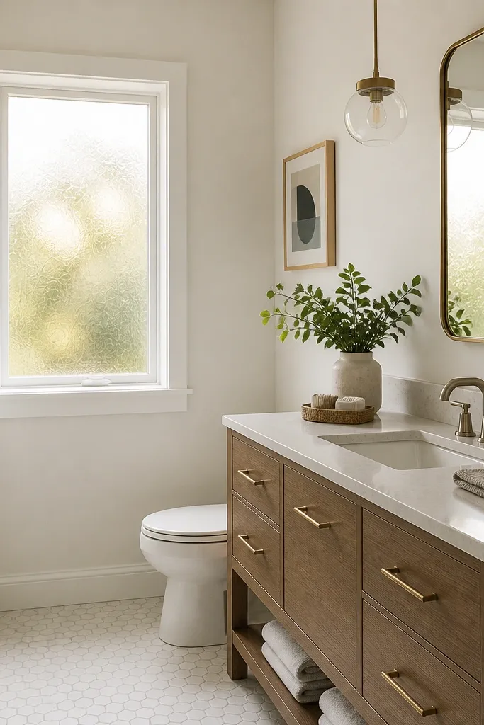 Frosted window film on a small bathroom window letting in soft light