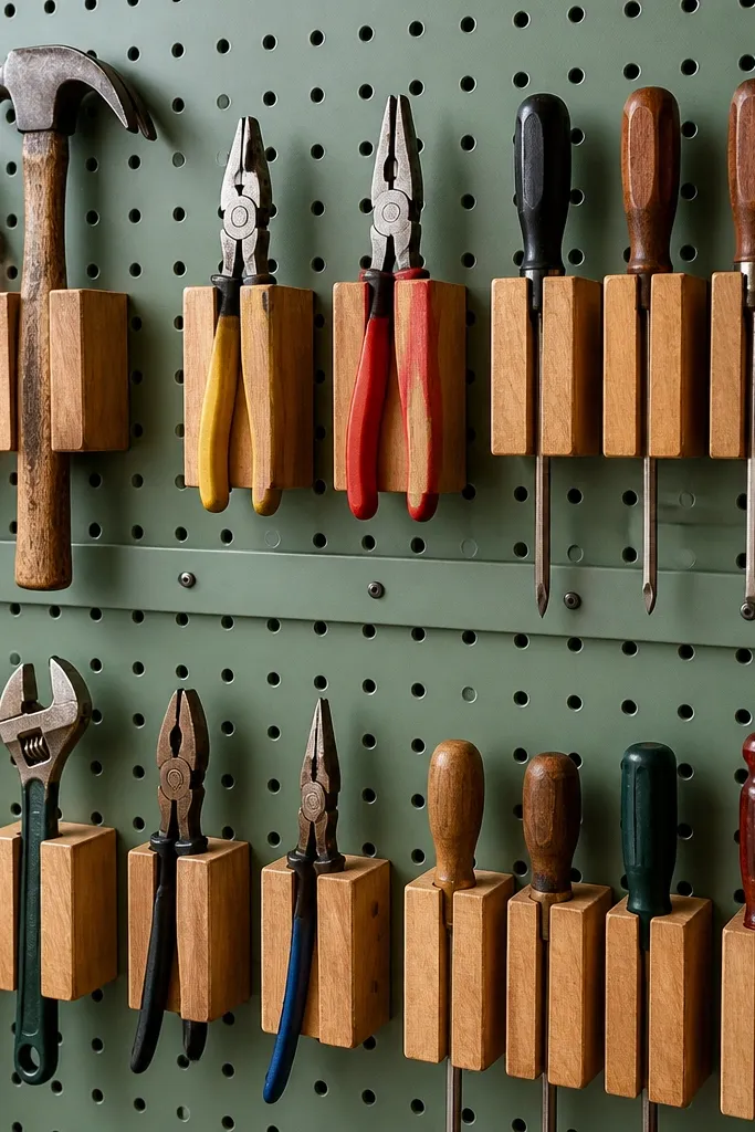 White pegboard wall with black rails and labeled hanging tool blocks