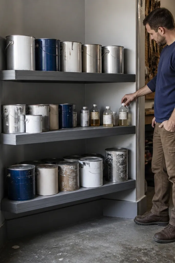Two-tier corner shelves with paint cans lined up and a small drip lip