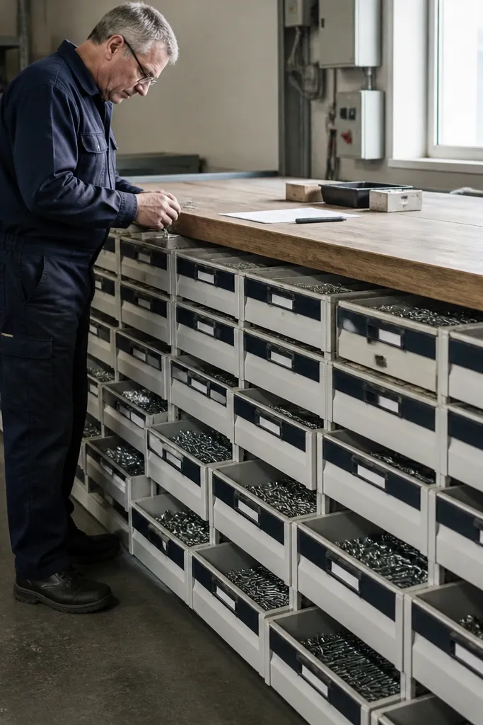 Workbench side with small drawers labeled in neat rows