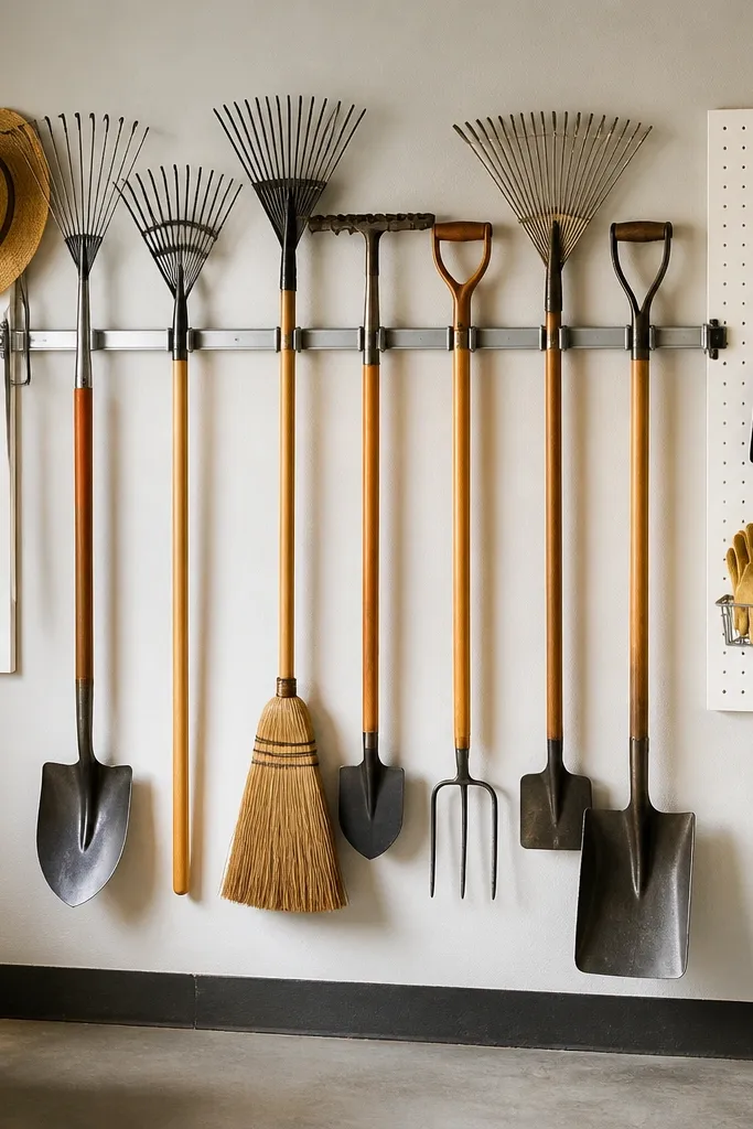 Wall rack for shovels and rakes with pegboard end panels