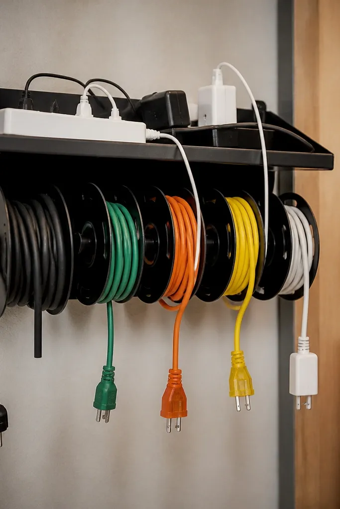 Small wall shelf with cable reels and neatly coiled cords