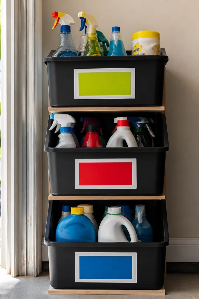 Narrow bin tower with cleaning bottles and color label strips