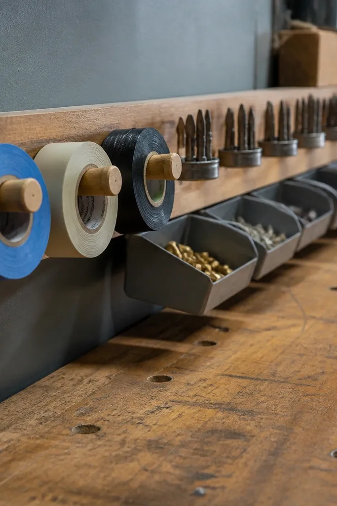 Peg rail above a workbench with tape rolls hanging and labeled bit holders