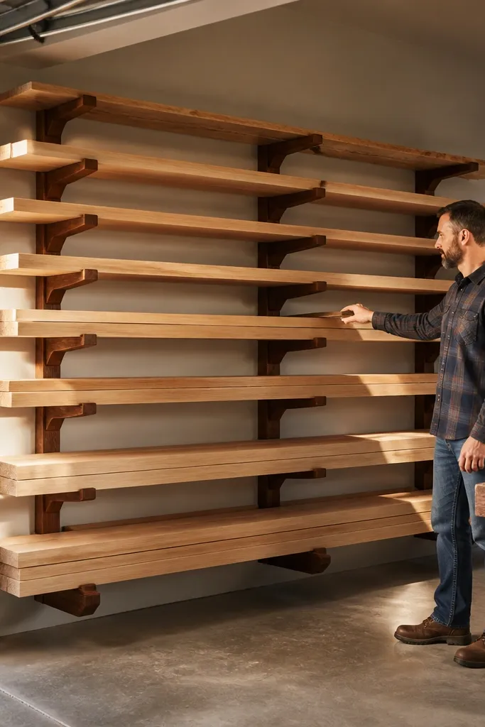 Wall lumber rack with slanted boards and neat end stops