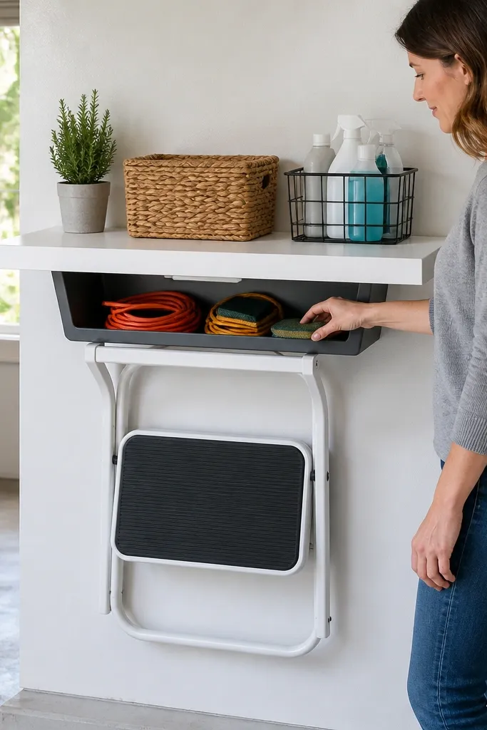Wall shelf holding a step stool with a bin under the shelf