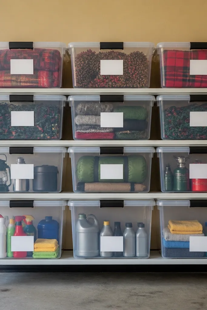 Row of clear-lid storage boxes on a painted wall with labels