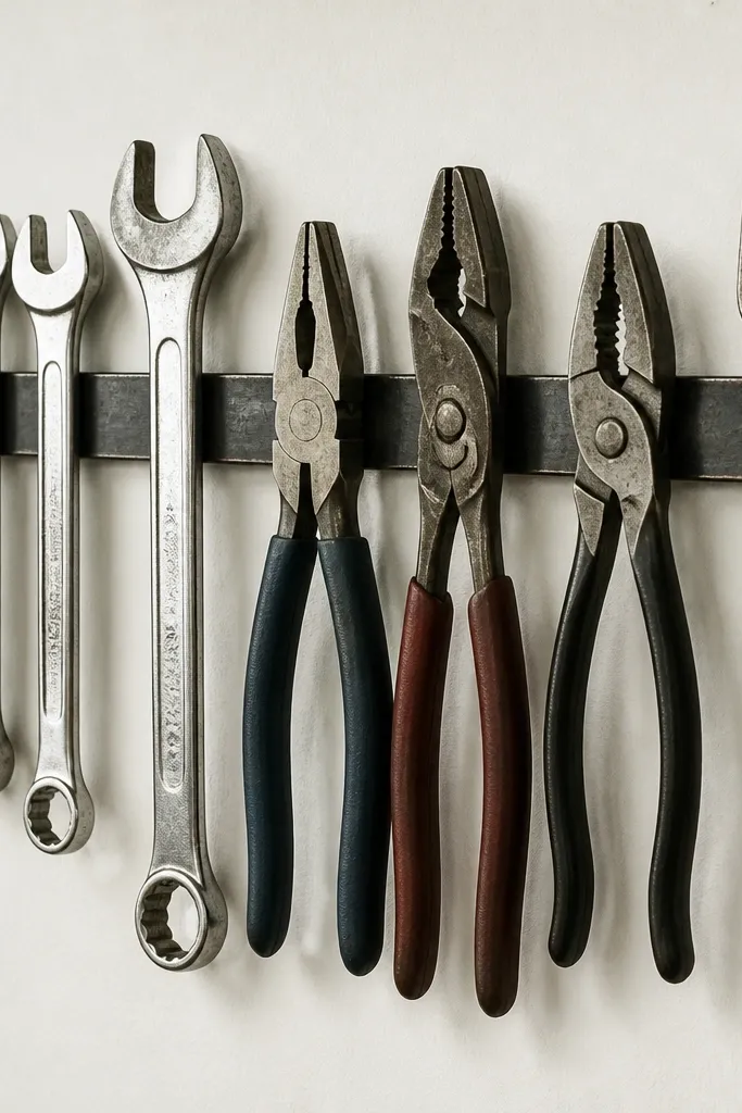 Black magnetic strip on wall with wrenches lined up and small tool labels