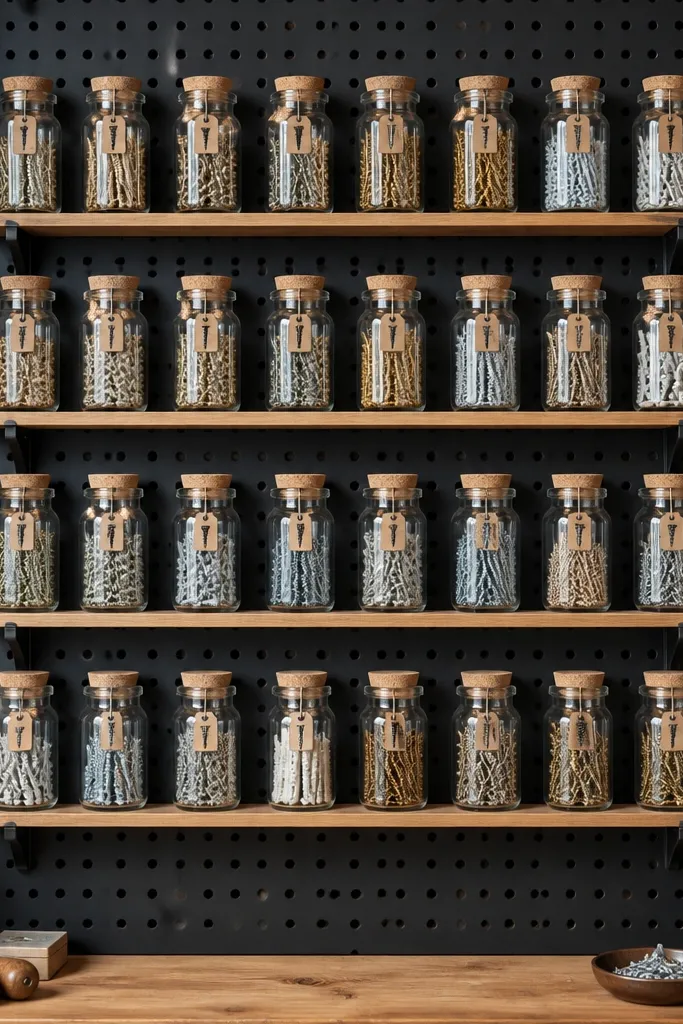 Pegboard with small glass jars labeled in rows for screws and anchors