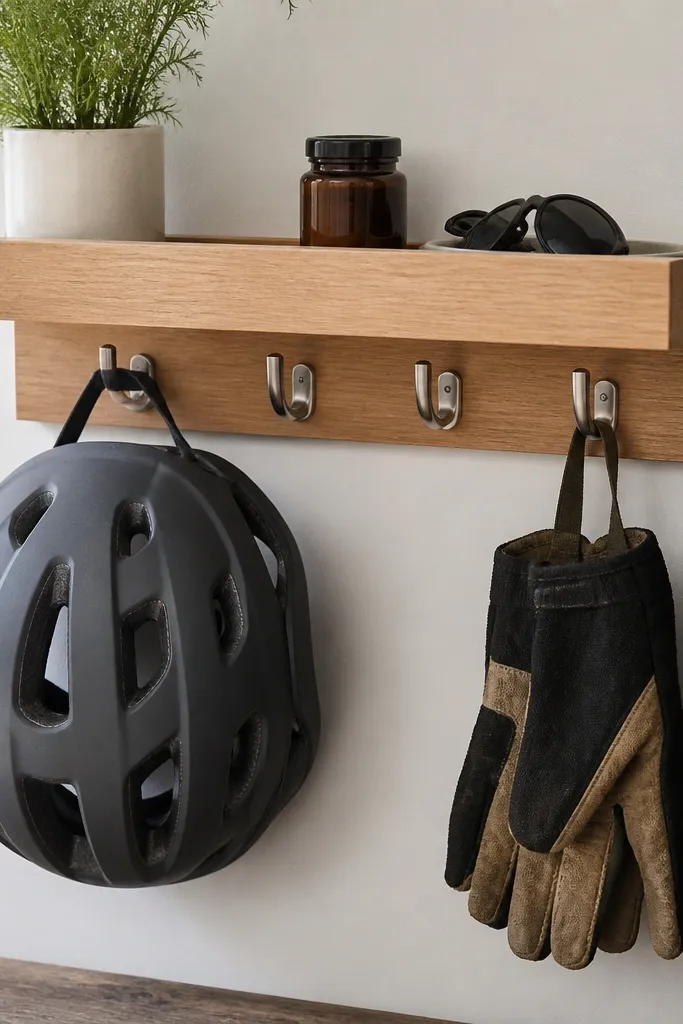 Wall hooks with a small shelf lip above for helmets and gloves