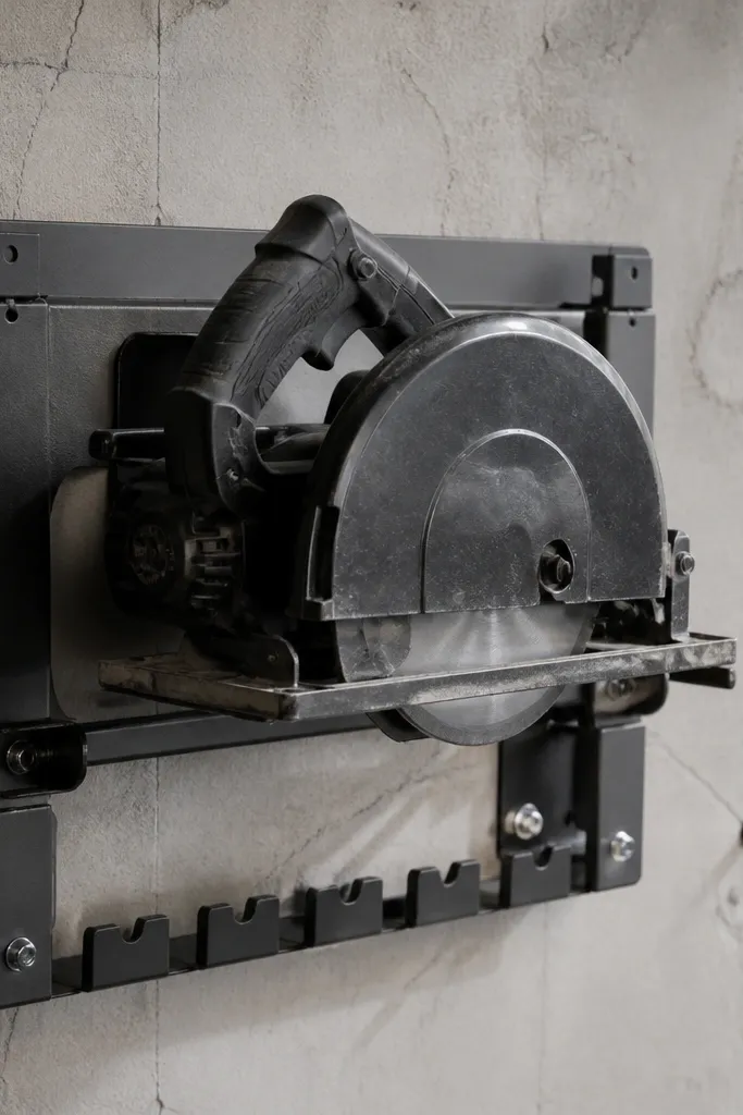 Wall-mounted saws with protective covers and labeled hang points