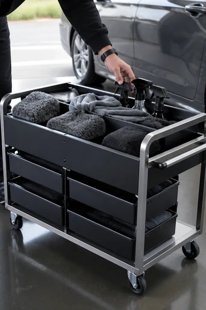 Small rolling caddy with labeled compartments and black wheels