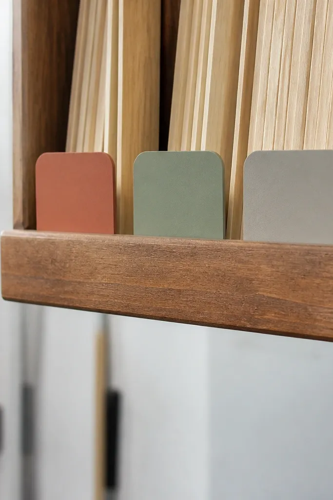 Small shelf with paint sticks and color-coded tabs