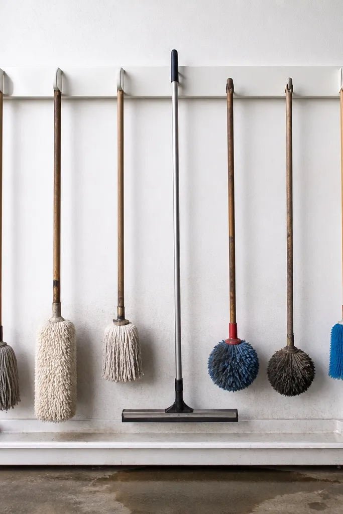 Wall drying rack with hanging mops and a front gutter tray