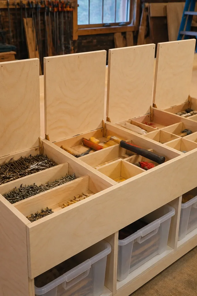 Workbench top organizer with flip-up tray dividers and labeled bins