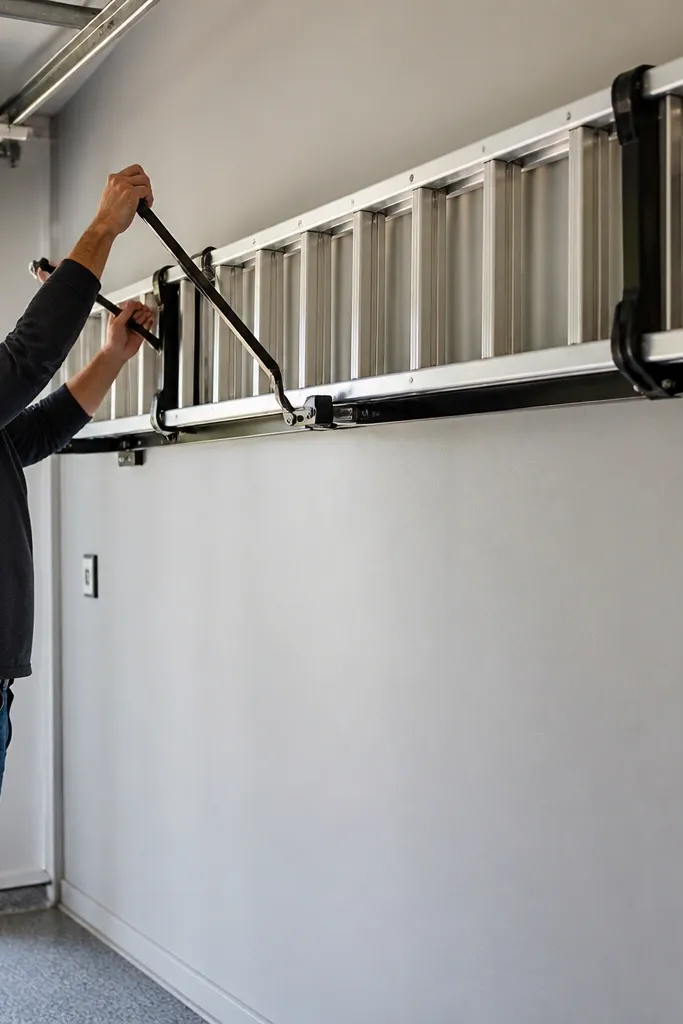Fold-down ladder rack with straps and a painted wall backing