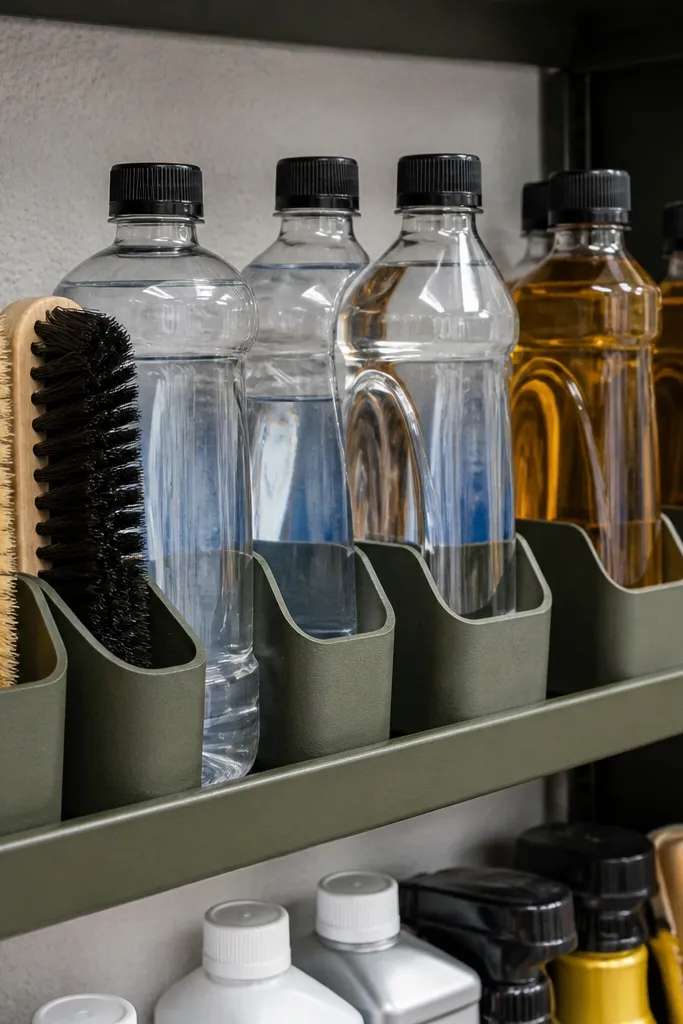 Small shelf with repeated bottle holders and a slim front lip