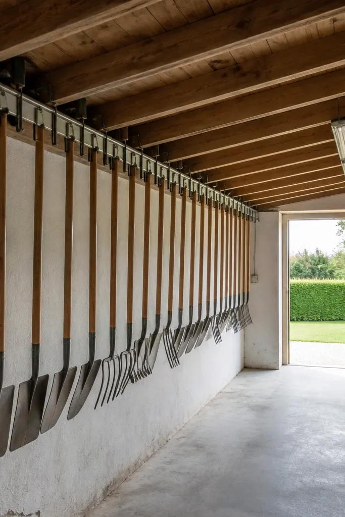 Overhead rail with padded clamps holding rakes and shovels flat.