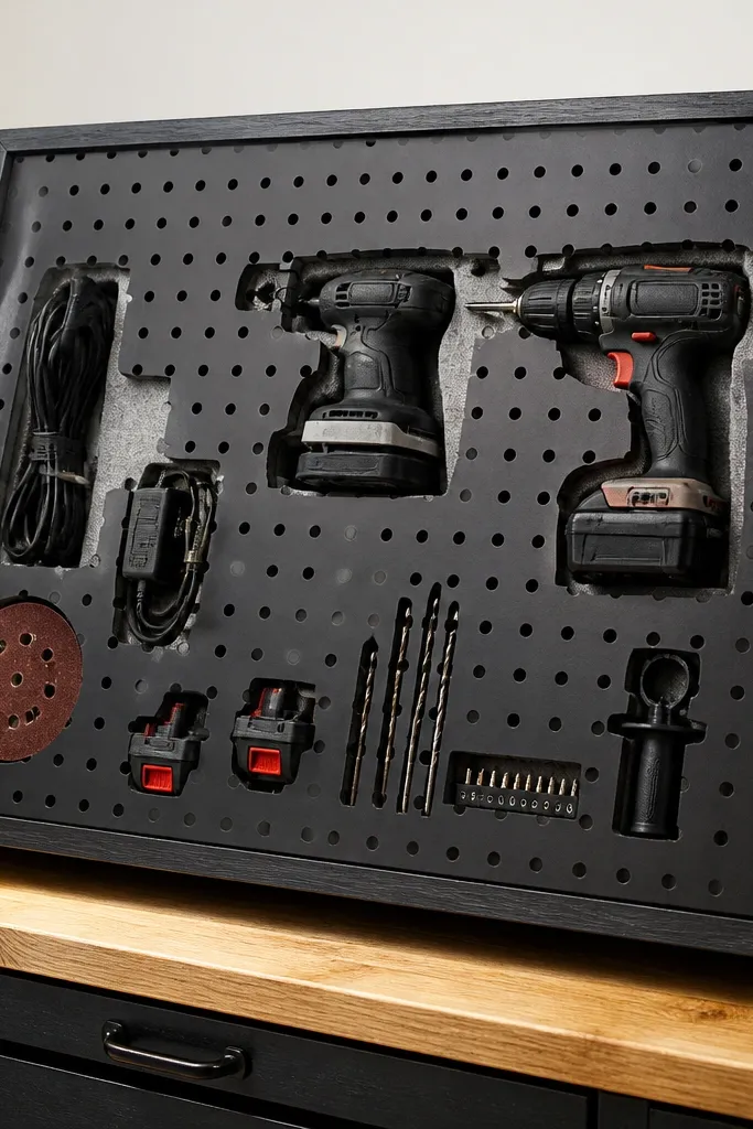 Slanted pegboard box with foam-backed slots holding chargers and tool faces.