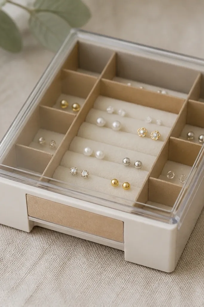 A small plastic drawer with a clear lid. Inside are taped divider strips forming compartments, with a foam insert for studs. The front has a simple kraft label strip.
