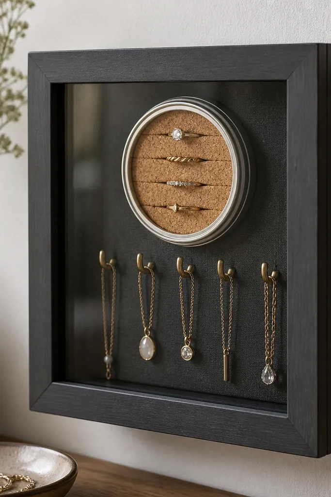 A small shadowbox frame with a mason jar lid mounted inside. Tiny hooks hold necklaces, while a cork sheet behind the lid has ring slots. The frame is painted charcoal with a glass front.