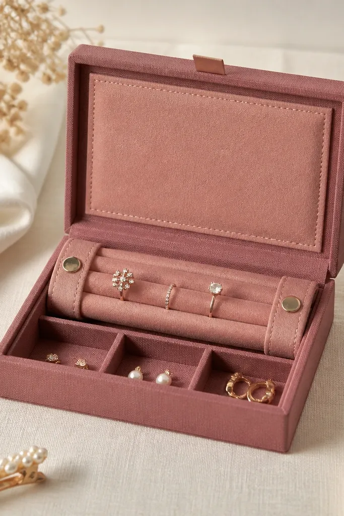 A medium jewelry box wrapped in dusty rose fabric. The lid has a fabric panel, and inside there's a roll-up ring insert with snap buttons. Small compartments for earrings sit on the base.