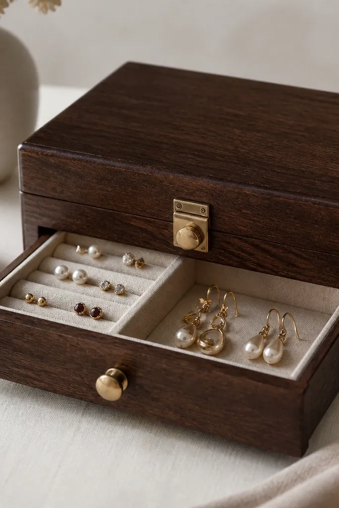 A small wine box stained dark walnut. A pull-out inner tray shows compartments for studs and a long section for earrings. Brass knobs and a simple latch are on the front.