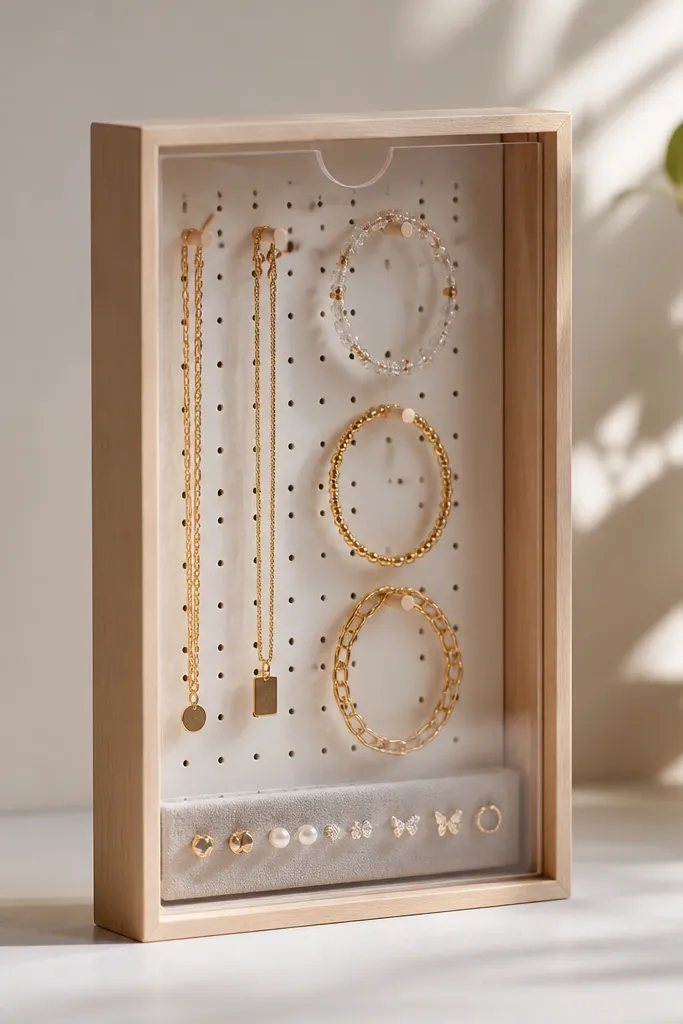 A slim wooden box with a pegboard panel inside. Tiny pegs hold necklaces and bracelets. A foam strip at the bottom holds studs, and the front has a clear plastic flap.