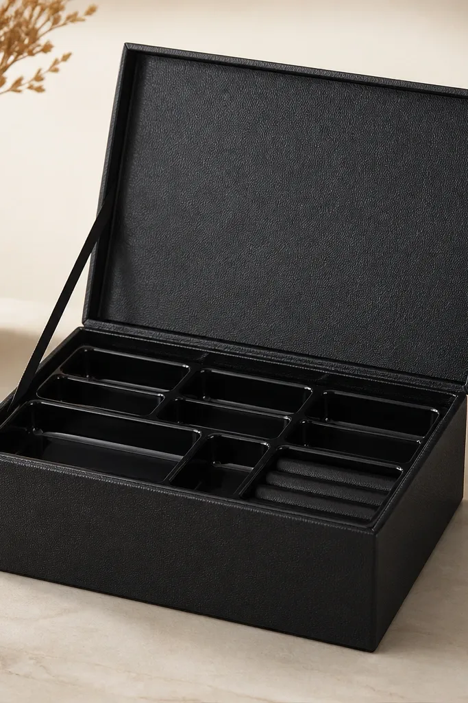A cardboard box covered in black faux leather. Inside is a fitted plastic jewelry tray lid with multiple shallow compartments. A small elastic strap secures the lid shut.