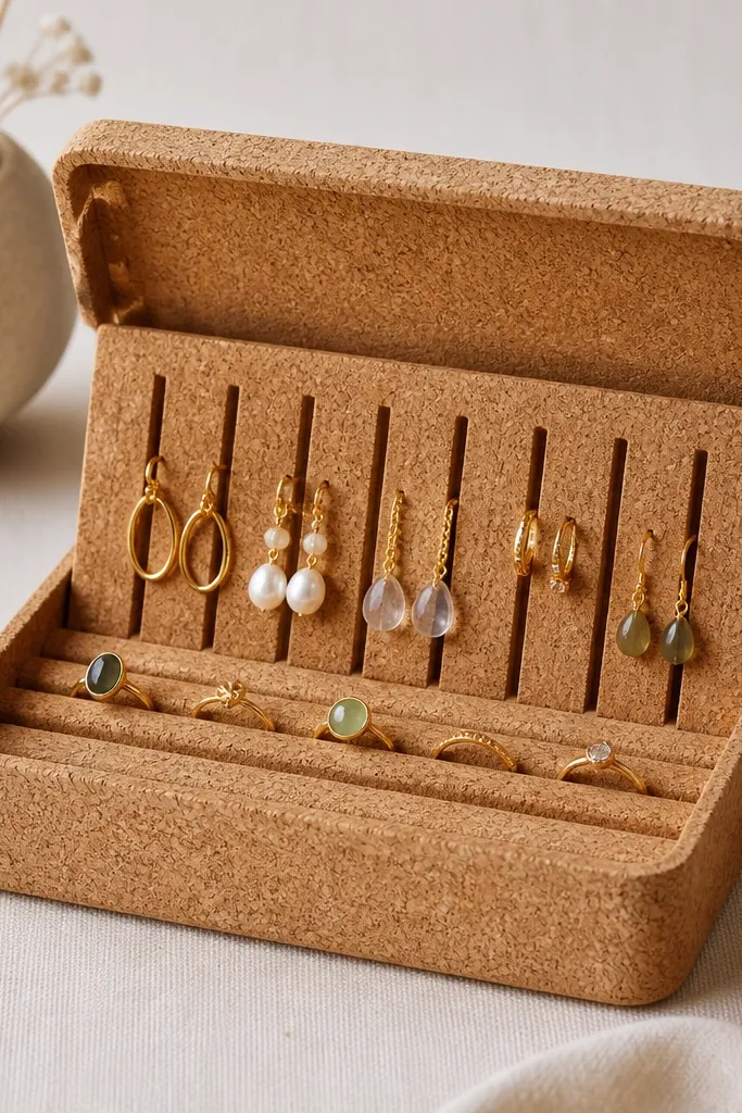 A cork-covered box with a grid of vertical slots for earrings. Rings sit in shallow grooves near the front, and a small hinged lid keeps everything contained. The cork texture is visible.