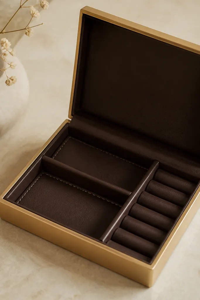 A small box with a gold-painted rim and dark brown leatherette interior. Inside are two long compartments with stitched edges and a padded ring section.