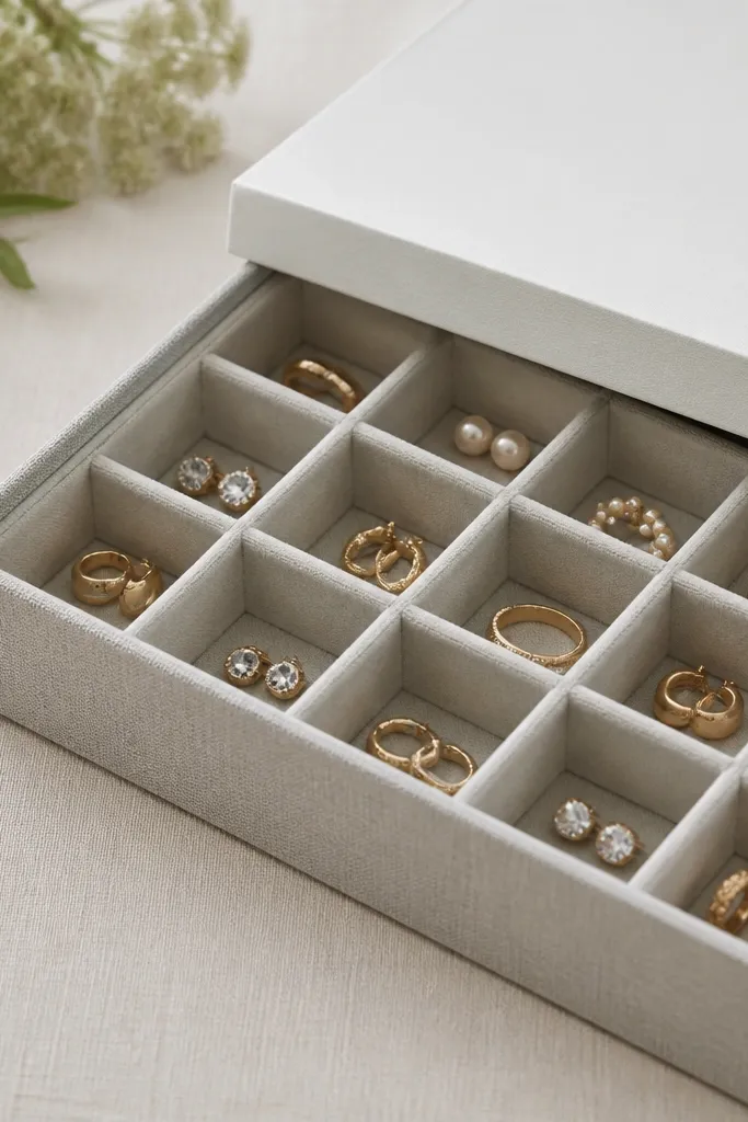 A fabric-lined box with an ice cube tray insert. Each cube holds a pair of earrings or rings. The fabric is light gray linen, and the box has a white lid.