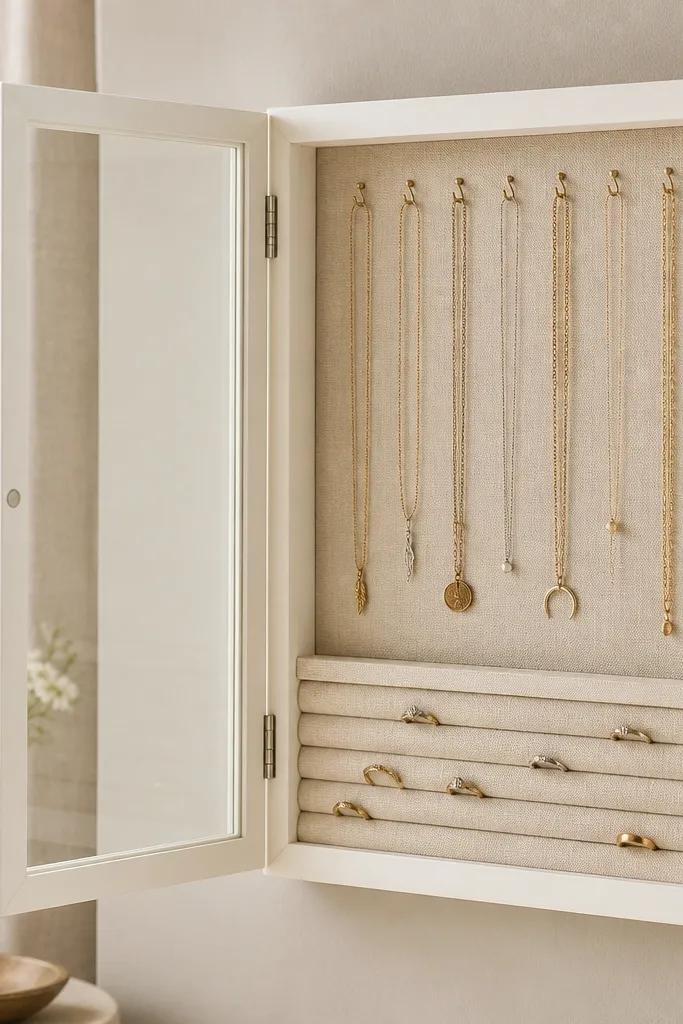 A picture frame painted off-white with a hinged fabric panel inside. Small hooks hold necklaces on the top, and a felt sheet has ring slots. A clear acrylic sheet protects the jewelry.
