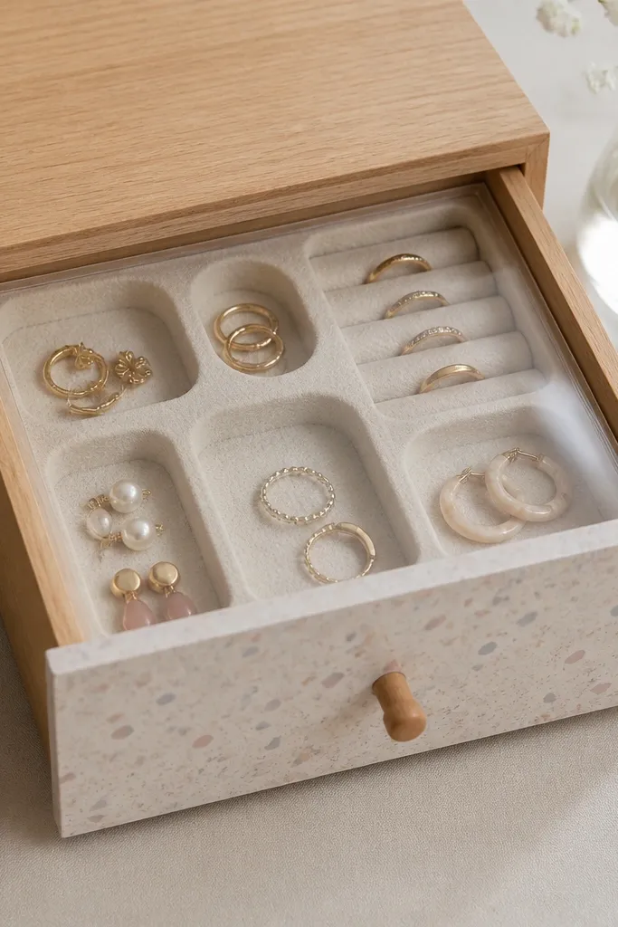 A small wooden drawer with contact paper on the outside. Inside is a dense foam block with carved wells for earrings and rings, covered by a clear sheet.