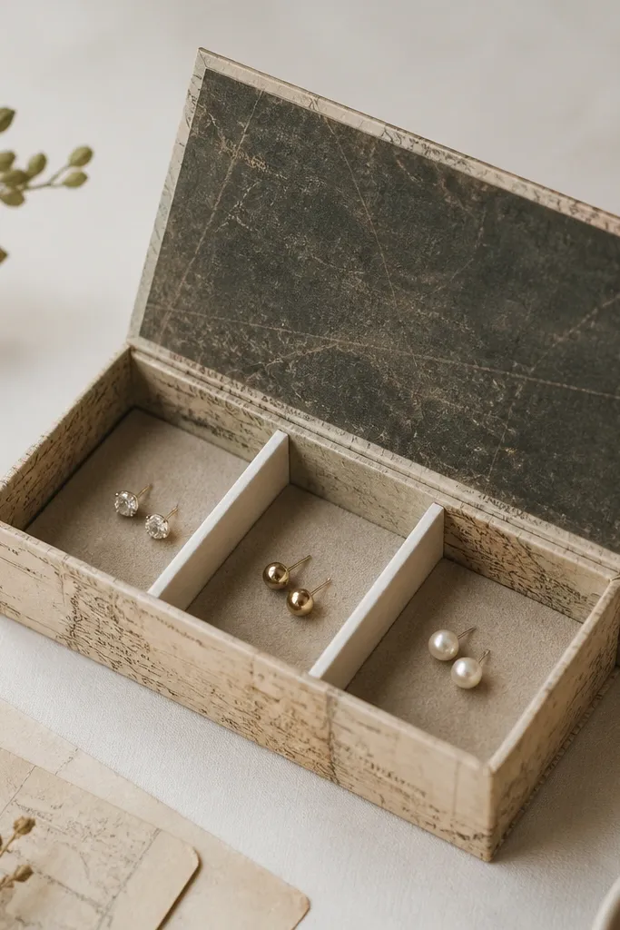 A small box covered in muted vintage map paper. Inside are three compartments with white dividers and a felt base for studs. The lid has a darker paper panel.