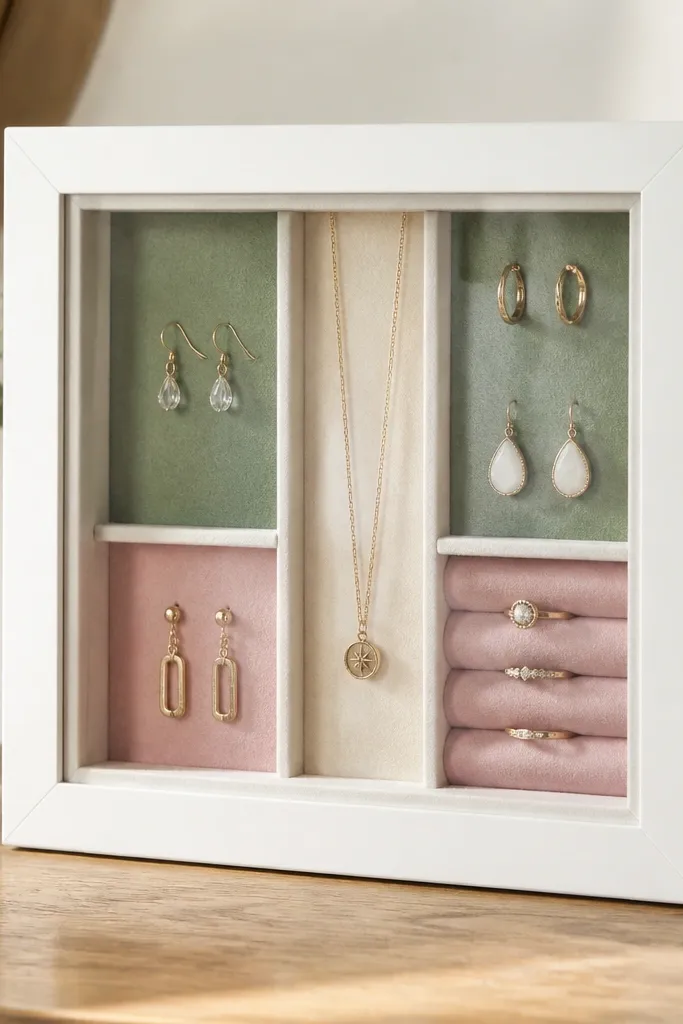 A shaker-style shadowbox with a white frame and acrylic front. Inside, colored felt shows through compartments for earrings and rings. Small magnets hold the front panel closed.