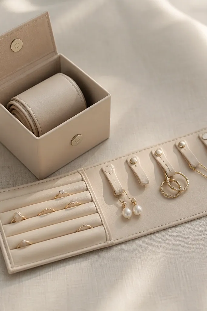 A small box with a rolled-up strip of faux leather inside. When opened, the strip unrolls to reveal ring pockets and earring loops. The box lid has a magnetic snap.