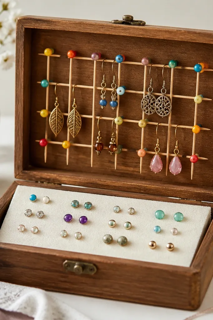 A small wooden box with a handmade pegboard made from toothpicks. Colorful beads cap the pegs. Earrings hang from small loops, and a separate foam strip holds studs.