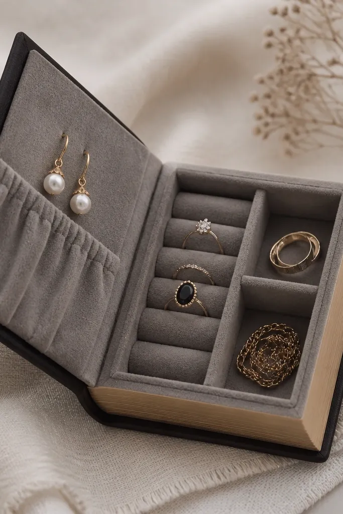 A book-shaped box wrapped in dark leatherette. The cover opens to reveal a felt interior. Inside are hidden compartments for rings and a pocket for earrings.