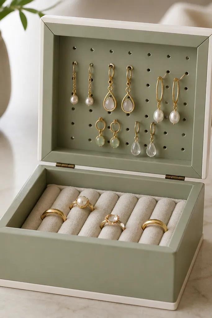 A small box with a pegboard lid. Earring hooks attach to the lid, and a removable ring tray sits in the base. The box is painted sage green with white trim.