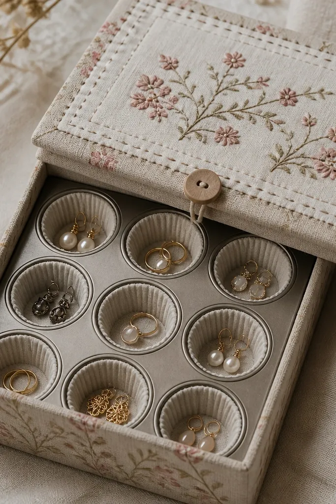 A fabric-covered box with a mini cupcake tin insert. Each cupcake cup holds a pair of earrings or small rings. The lid has a stitched fabric panel and a button closure.
