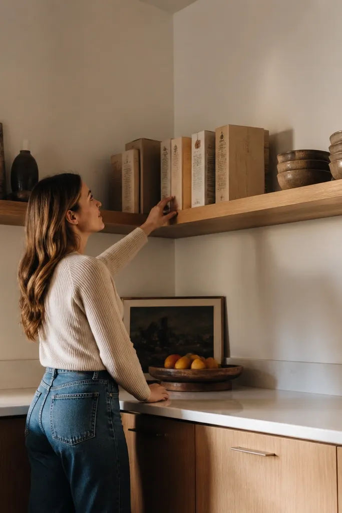 A single floating shelf bridging an L-shaped corner with hidden supports.