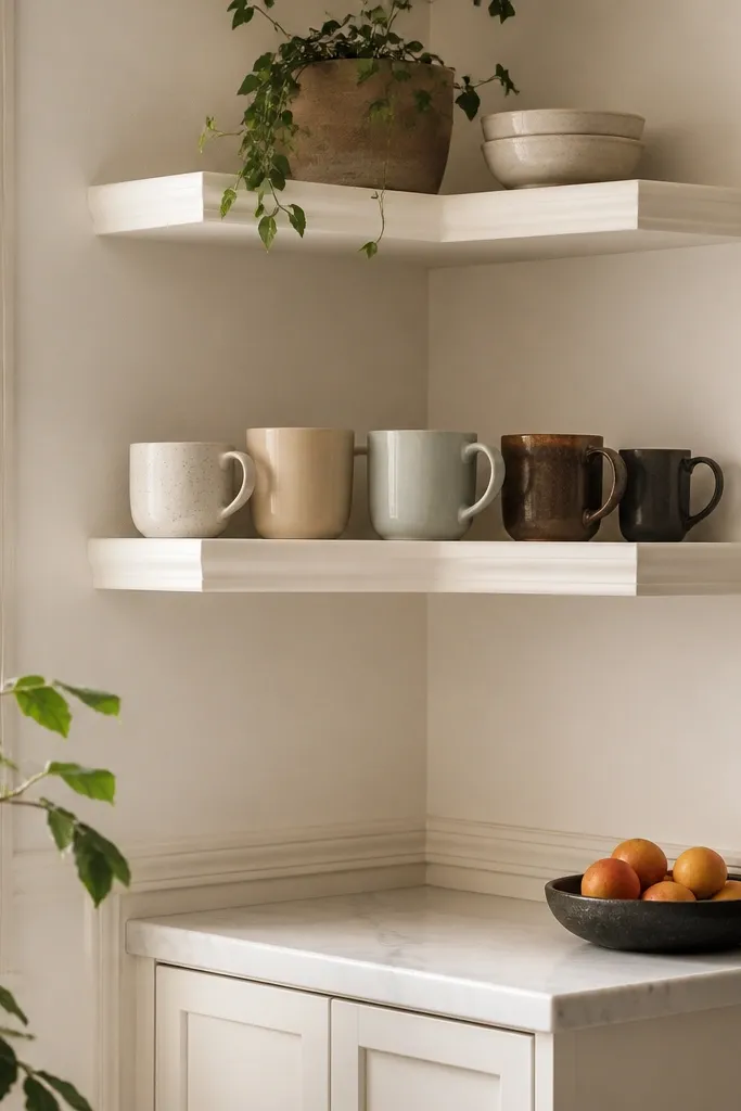 Corner shelves framed with thin trim and beveled edges, painted off-white.