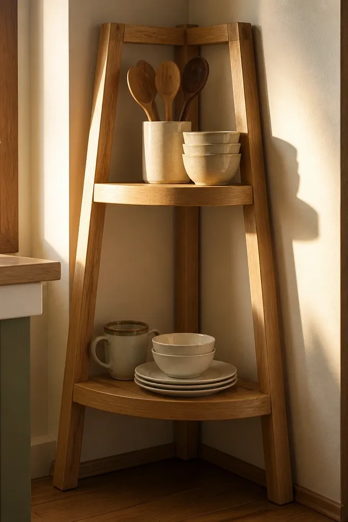 Light oak corner ladder shelf with two shelves and leaning side rails.
