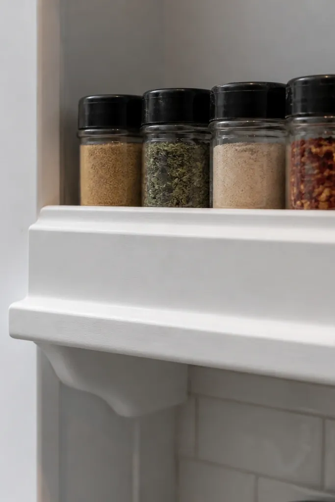 Corner shelf with a raised front lip holding spice jars in a line.